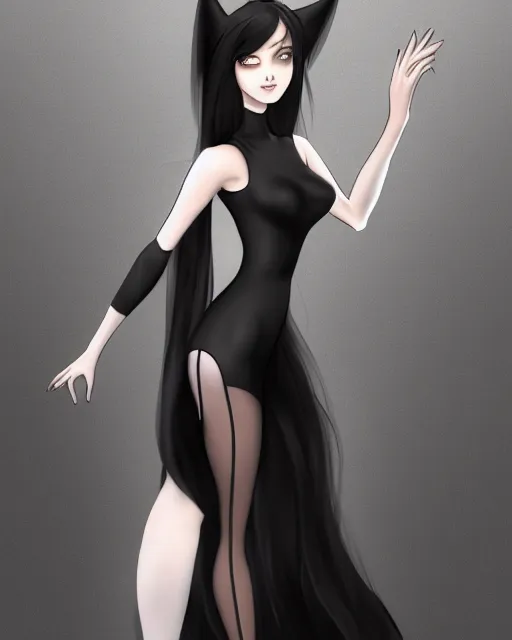 Image similar to A frontal fullbody painting of a beautiful brunette witch and wearing a cute translucent black dress looking at the viewer, elegant, delicate, stunning, soft lines, feminine figure, higly detailed, ultraHD, 8k, smooth , pixiv art, cgsociety, artgem, high quality, digital illustration, concept art, masterpiece