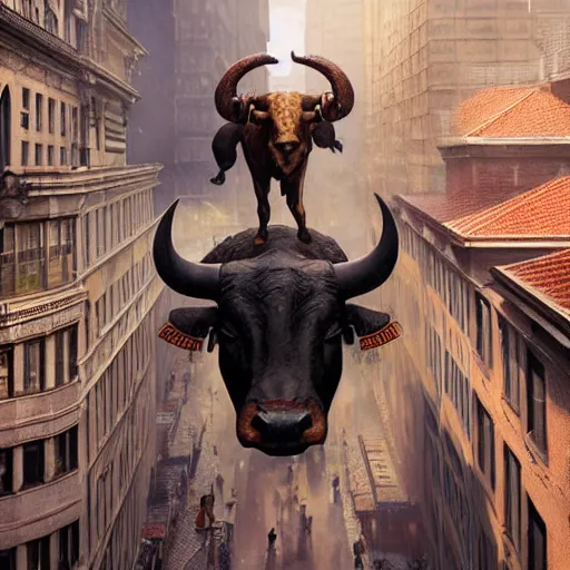 Prompt: a happy bull hanging from roof in wallstreet by greg rutkowski and thomas kinkade, trending on artstation, 3 d render octane