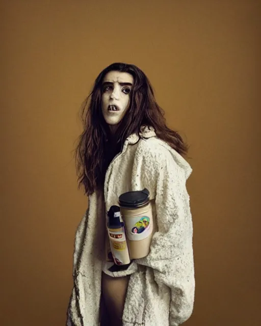 Prompt: hila klein, wearing an oufit made from cereal with milk, weird expressionist pose, modern fashion, half body shot, photo by greg rutkowski, female beauty, f / 2 0, symmetrical face, warm colors, depth of field