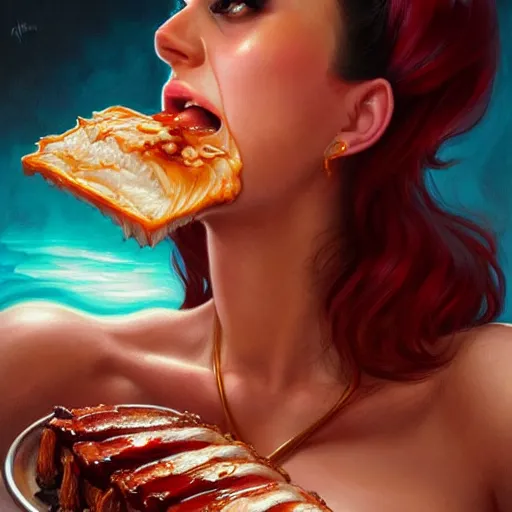 Prompt: Katy Perry Eating BBQ Ribs, dripping BBQ Sauce, D&D, fantasy, intricate, elegant, highly detailed, digital painting, artstation, concept art, matte, sharp focus, illustration, hearthstone, art by Artgerm and Greg Rutkowski and Alphonse Mucha