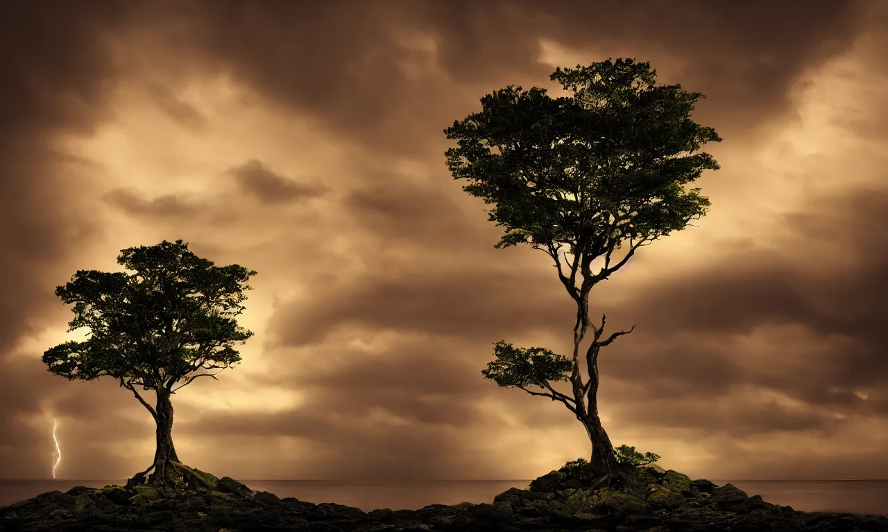 Prompt: a gorgeous single tree on a little island, bioluminescent glowing tree, dark stormy sea around, lightening sky, photography, landscape photography, dramatic, insane details, artstation, photorealism