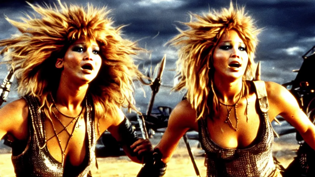 Prompt: jennifer lawrence as tina turner from mad max beyond thunderdome, movie still, editorial photography