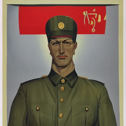 Image similar to soviet propaganda poster depicting a dromaius novaehollandiae in military uniform