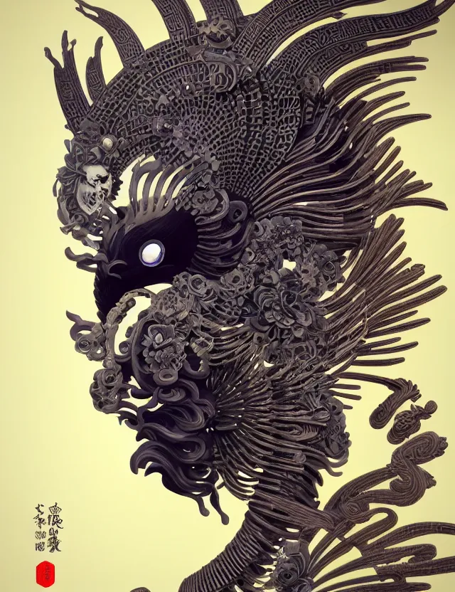 Image similar to 3 d goddess close - up profile portrait ram skull. beautiful intricately detailed japanese crow kitsune mask and clasical japanese kimono. betta fish, jellyfish phoenix, bio luminescent, plasma, ice, water, wind, creature, artwork by tooth wu and wlop and beeple and greg rutkowski