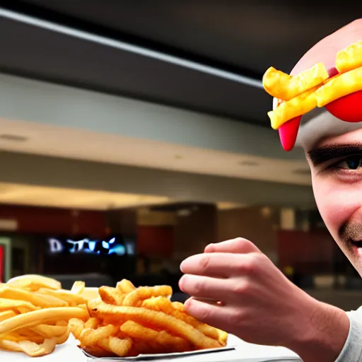 Image similar to photograph of a man with a steak head begging for food at mc donalds, 8k resolution, high detail, ULTRA REALISTIC VFX, reflections