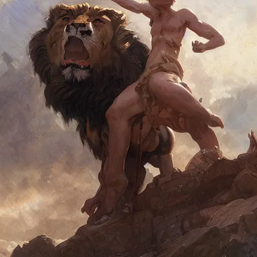 Prompt: Heracles strangling the Nemean Lion, digital painting, detailed, artstation, Krenz Cushart, Greg Rutkowski, Alphonse Mucha, Artgerm