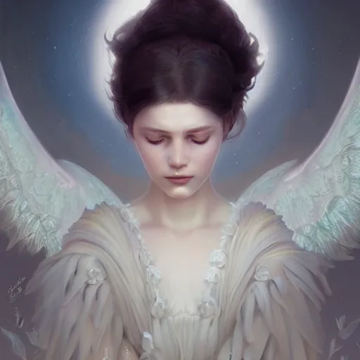 Image similar to A beautiful digital painting of a baby Seraphim, princess, the moon behind her, intricate, cinematic lighting, highly detailed, digital painting, Artstation, concept art, smooth, sharp focus, illustration, art by Tom Bagshaw, Artgerm and Greg Rutkowski