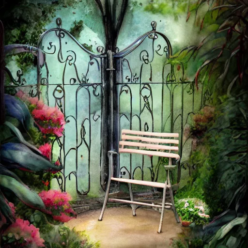 Image similar to delicate, mage enchanting chair, garden, paved, botanic watercolors, iridescent, 8 k, realistic shaded, fine details, artstation, italian, iron gate, tree, mediterranean