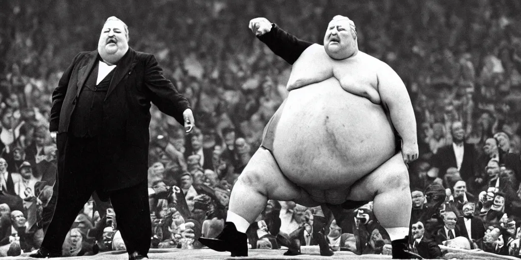 Prompt: very very massively giant morbidly obese william howard taft in wrestlemania, realistic photo