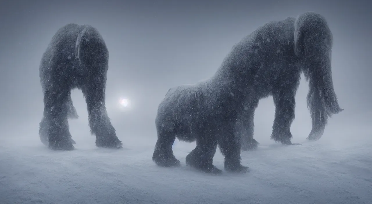 Prompt: “photo of a futurist bio-mechanical mammoth in an arctic storm, fog, snow storm, cold sunset, wind , ice, photoreal”