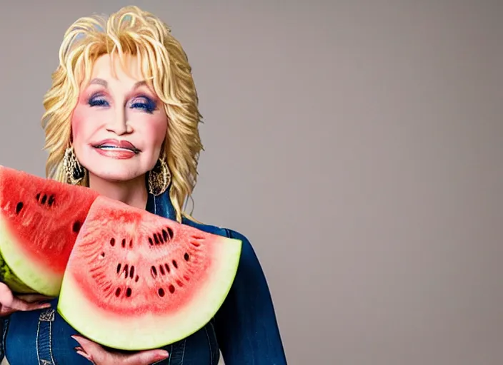 Image similar to studio portrait photo still of 2 0 year old dolly parton!!!!!!!! at age 2 0 2 0 years old 2 0 years of age!!!!!!! surrounded by watermelons, 8 k, 8 5 mm f 1. 8, studio lighting, rim light, right side key light