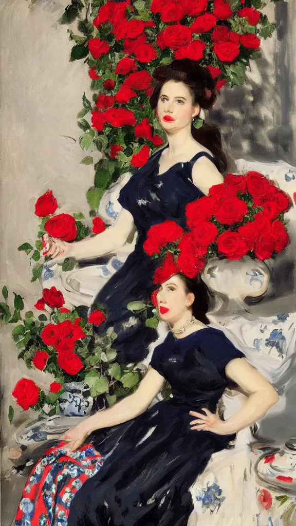 Prompt: portrait of rebekah delrio in lynch pattern dress beside of a big persian detailed pot of red roses, blue and red lights painted by john singer sargent