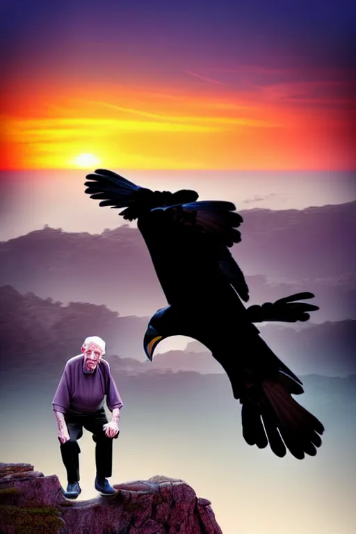 Prompt: elderly man falling off a cliff, tragic moment, 8 k, art by artgerm, award winning photo, sunset in background, ravens in the sky, highly - detailed