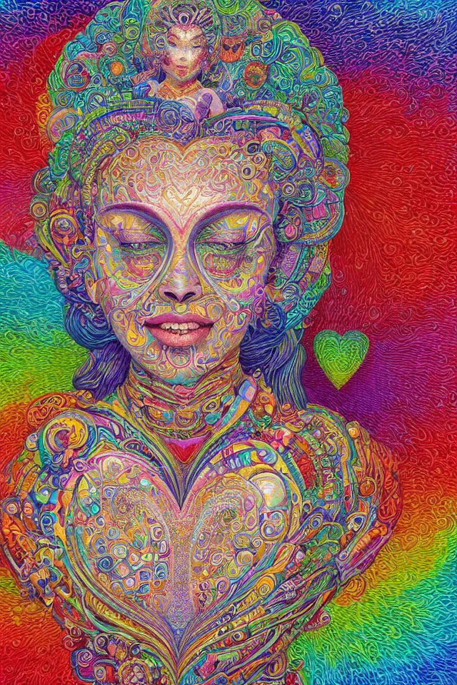 Image similar to a happy beautiful wise spirit goddess in the shape of a heart, meditation, 3 2 k resolution, good vibes, perfect lighting, billions of details, made out of small cubes of love, pointillism, fabric embroidery, stunning artwork, android jones, chris dyer, alex grey, trending on artstation, award winner