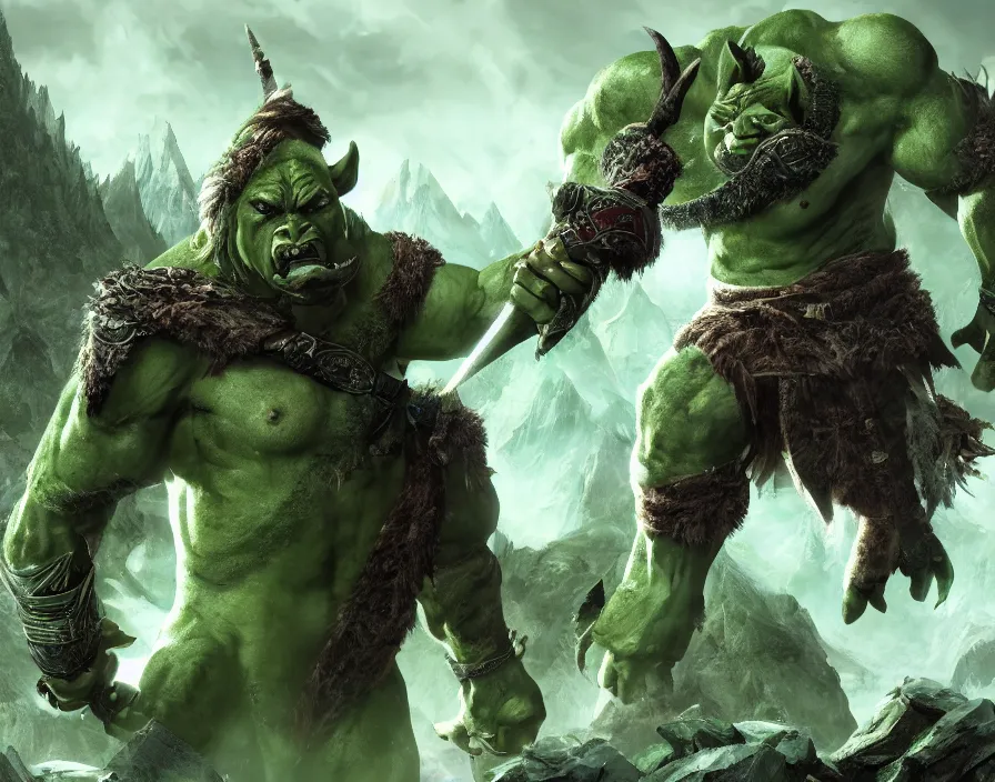 Image similar to green male orc warrior with crystal shards, beautiful graphics, fantasy artwork, very beautiful scenery, hd, hdr, ue 5, ue 6, unreal engine 5, cinematic 4 k wallpaper, 8 k, ultra detailed, by popular digital, details, beautiful image ever created, high resolution, artstation, award winning