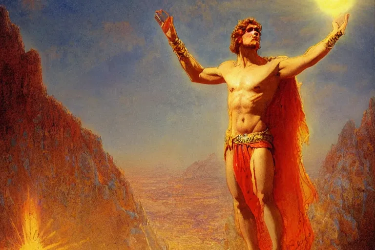 Image similar to illustration of a mythical hero standing at the top of a mountain with the sun in his hands, holding it up to shine over the world. mythology. art by gaston bussiere.