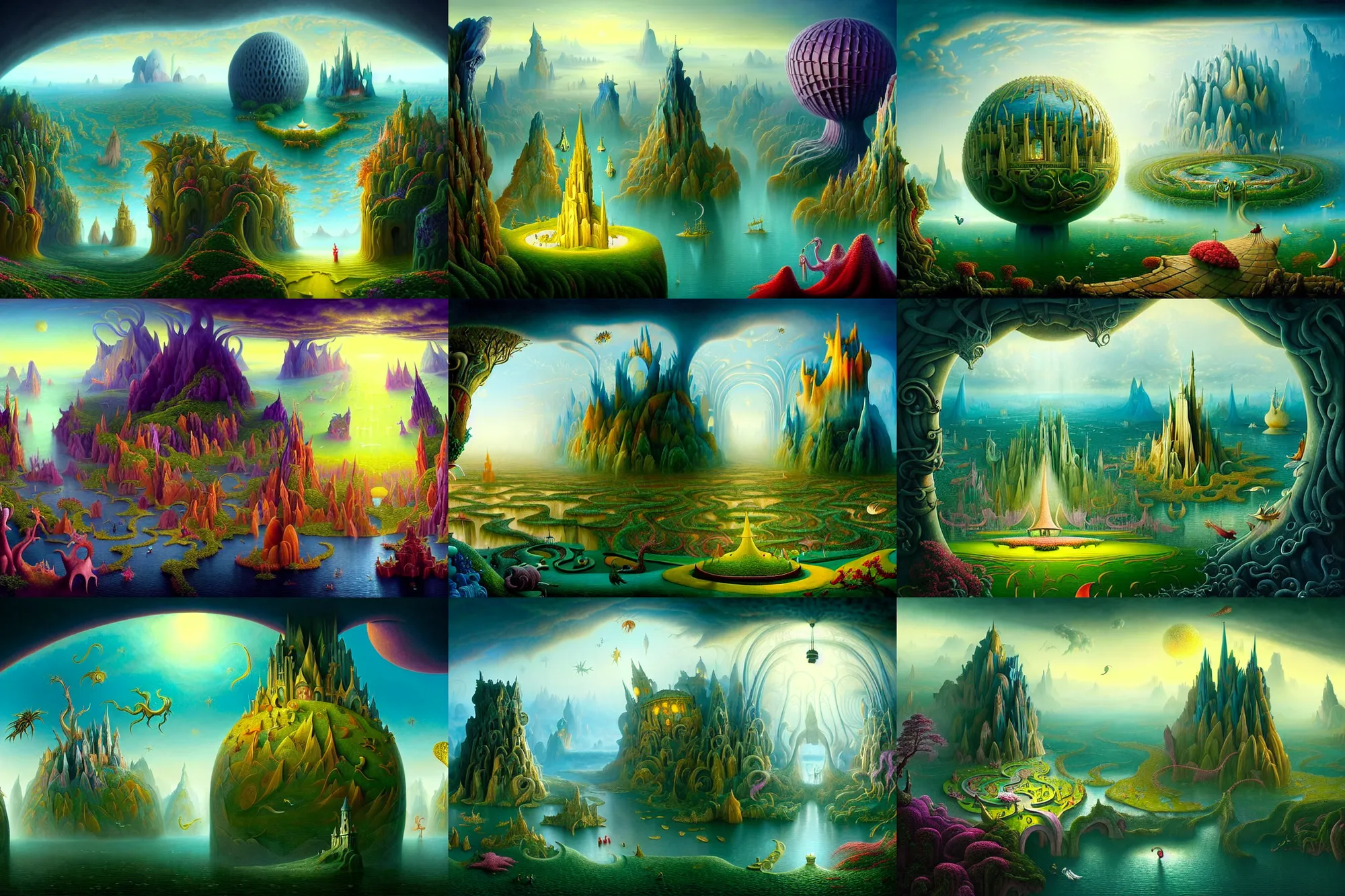 Prompt: a beguiling epic stunning beautiful and insanely detailed matte painting of windows into dream worlds with surreal architecture designed by Heironymous Bosch, dream world populated with mythical whimsical creatures, mega structures inspired by Heironymous Bosch's Garden of Earthly Delights, vast surreal landscape and horizon by Cyril Rolando and Anato Finnstark and Thomas Kinkade, masterpiece!!!, grand!, imaginative!!!, whimsical!!, epic scale, intricate details, sense of awe, elite, wonder, insanely complex, masterful composition!!!, sharp focus, fantasy realism, dramatic lighting