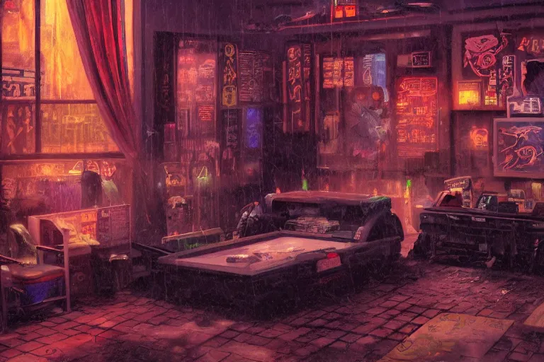 Prompt: Oil painting of cyberpunk funeral home interior, coffin laying in the middle, 4k, art by Hans Rudolf Geiger and Shirow Masamune, still from anime Serial Experiments Lain, sad atmosphere, moody neon lighting, lots of cigarette smoke