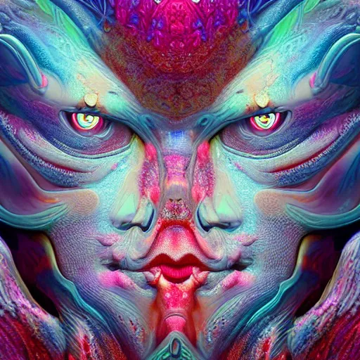 Image similar to Face of a Alien Deity, corals, plume made of fractals, extremly detailed digital painting, in the style of android jones, artwork of a futuristic artificial intelligence superstar, mystical colors, rim light, beautiful lighting, 8k, stunning scene, raytracing, octane, under water visual distortion, trending on artstation