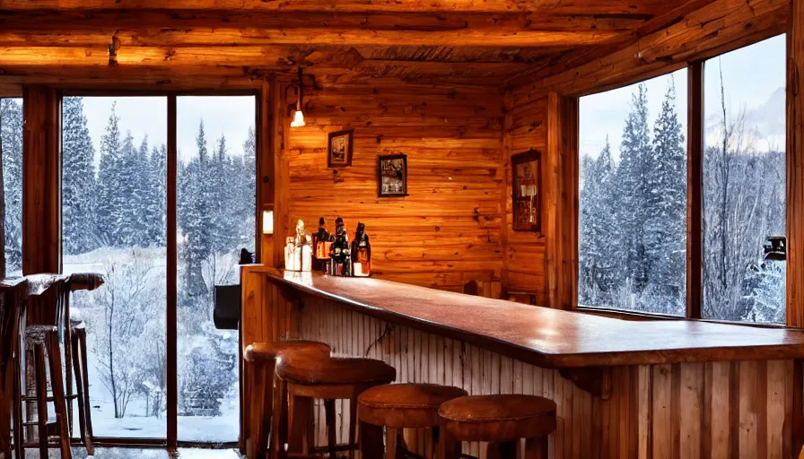 Image similar to empty cozy bar in small cabin, warm, outside winter landscape