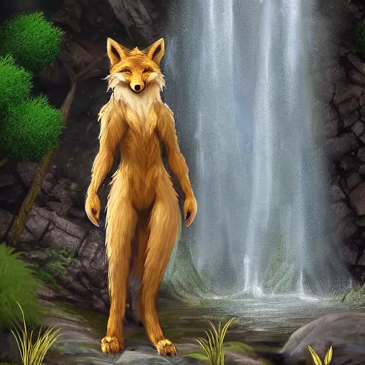 Prompt: fantasy furry art of a noble anthro!!!!! werefox standing in front of a waterfall, photorealistic, award winning, FurAffinity