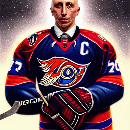 Prompt: Portrait of hockey player The Professor Igor Larionov, fantasy, intricate, elegant, highly detailed, digital painting, artstation, concept art, smooth, sharp focus, luxury fashion illustration, art by artgerm and greg rutkowski and alphonse mucha, brightly lit cinematic soft lighting, photorealistic