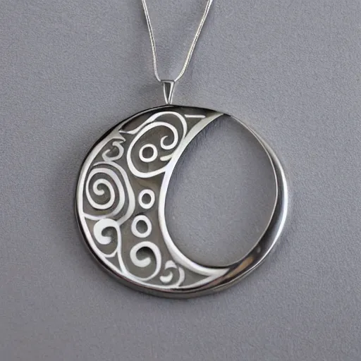 Prompt: amulet of wave inlaid in silver, on a young beautiful woman neck, realistic, clean,