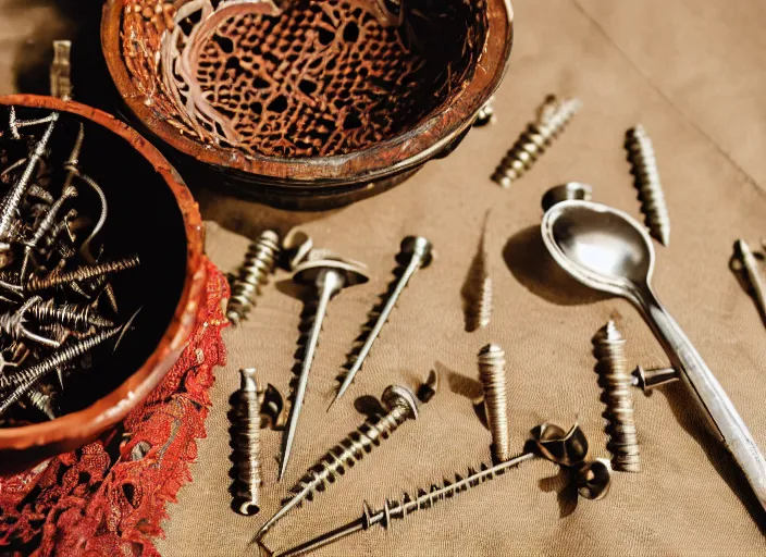 Image similar to dslr photograph of a beautiful bowl filled with rusty nails screws and bolts with a spoon next to it on a lace napkin, 8 5 mm f 1. 8