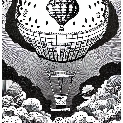 Image similar to portrait of an entire victorian air balloon over a fantasy landscape, line art illustration by joe fenton , black and white, intricate details