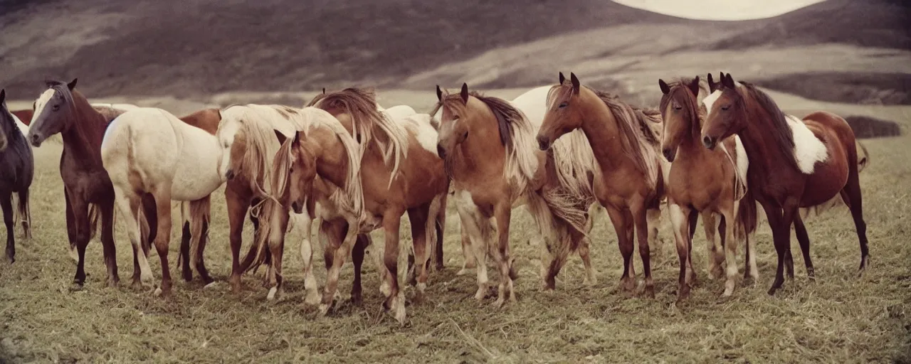 Image similar to horses eat spaghetti, world war 1, canon 5 0 mm, kodachrome, in the style of wes anderson, retro