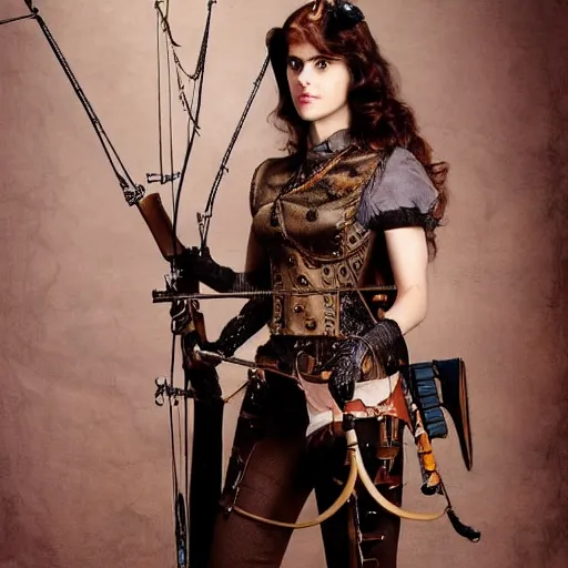 Prompt: full body photo of alexandra daddario as a female steampunk archer