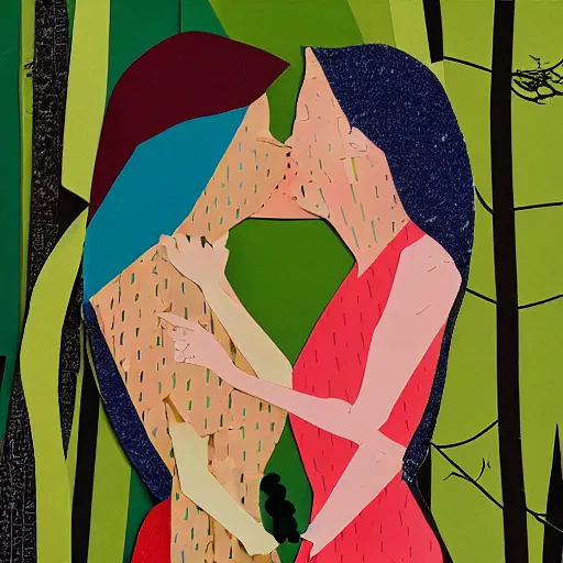 Image similar to paper collage art made of cut up magazines depicting two women kissing happily in a forest