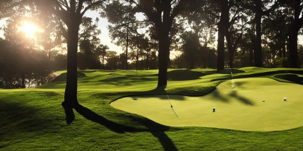 Prompt: the most amazing golf hole in the world made from yarn, beautiful ambient light,