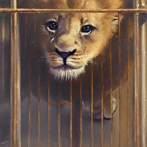 Prompt: adorable lion cub in a cage, oil painting, by greg rutkowski