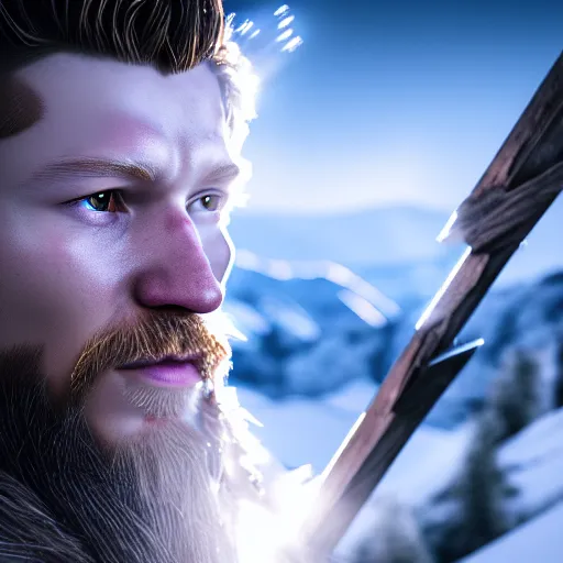 Image similar to photography of a digital art, stunning glare and bloom crystal clear ice statue of tom holland as a viking warrior god. stuning, intricate, complexe. snowy mountains dream landscape. professional digital art, unreal engine 5