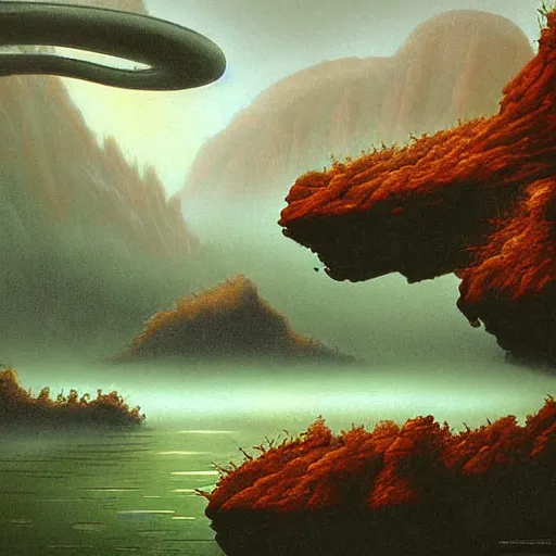 Image similar to digital painting of a lush foggy natural scene on an alien planet by gerald brom. digital render. detailed. beautiful landscape. colourful weird vegetation. cliffs and water.