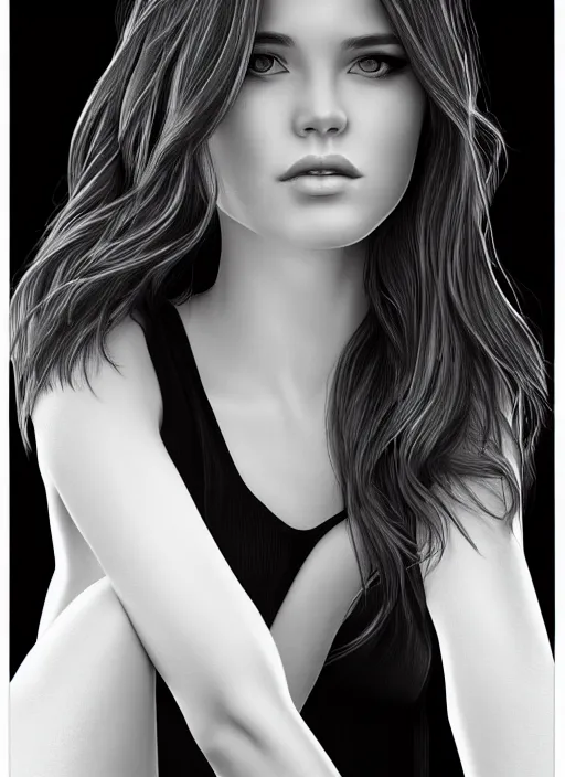 Image similar to full body portrait of a beautiful young woman in black and white, photorealistic, hair down to waist, sharp focus, in the style of Kevin Kostic, Stephen Lau and artgerm, hyper sharp focus, 8k highly detailed