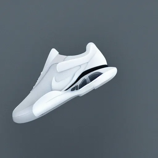 Image similar to a futuristic white nike shoe inspired by spaceship interiors with technical mech details and translucent materials, hyper realistic soft light commercial photography