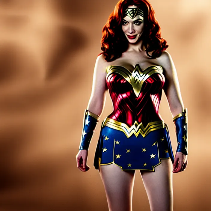 Prompt: professional full length photograph of christina hendricks as wonder woman. Extremely detailed. 8k