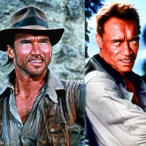 Image similar to indiana jones but played by arnold schwarzenegger with terminator hairdo