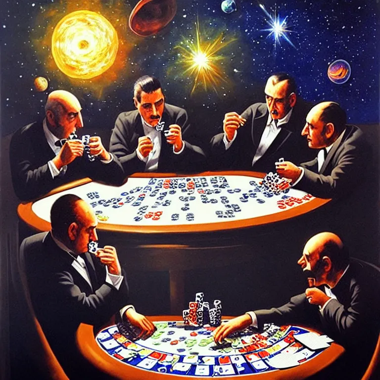 Prompt: Three mafiosi playing poker in open cosmos, star systems are visible in the background. Extremely high details, realistic, fantastic art, masterpiece, art by Alexei Leonov