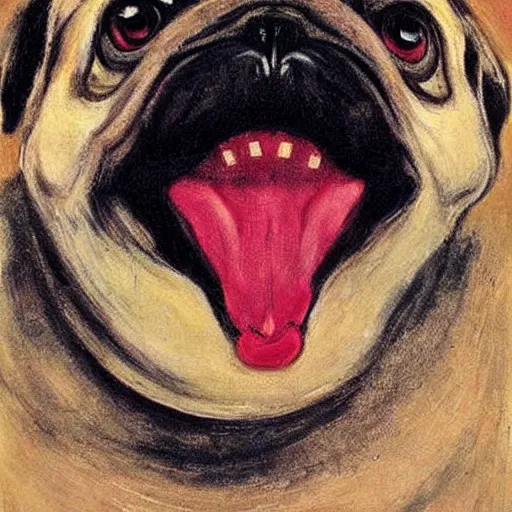 Prompt: a mouth-opened pug in shock , in the Style of The Scream , painted by Edvard Munch