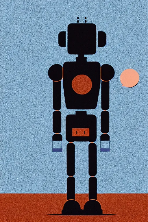 Prompt: a sad robot going for a jog+cloud city, Mads Berg, Karolis Strautniekas, film noir, stippled light, dramatic lighting,editorial illustration, detailed,fine texture, matte print, art deco, dark blue + dark orange, red, black, ((habitat 67 background))