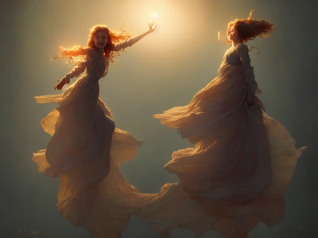 Prompt: young girl, smile, light dress, in the air, levitation, illustration, cinematic lighting, 8 k, d & d, frostbite 3 engine, artstation, digital art, twilight ray, art by tsuyoshi nagano, greg rutkowski, artgerm, alphonse mucha