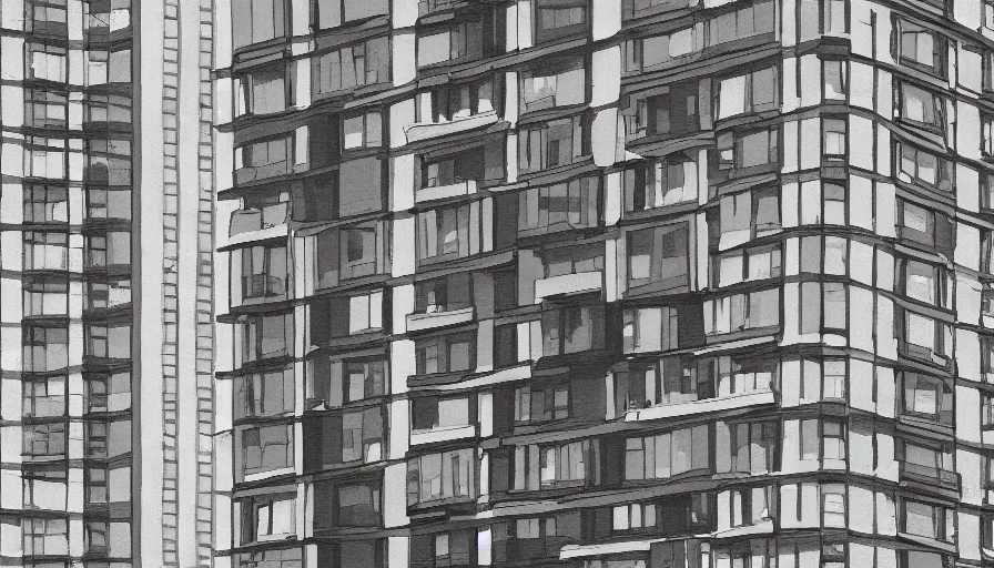 Image similar to american city, modern times, an apartment building, four stories high, with a huge water tank on the roof. the color of the picture is gray, and the painting style is realistic and retro