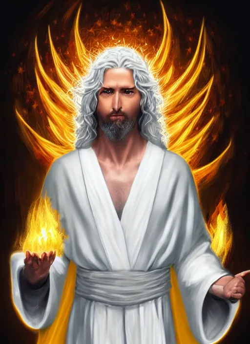 Image similar to « portrait of the white - haired jesus in a white robe and flaming yellow eyes, holding seven stars in right hand, high - contrast, intricate, elegant, highly detailed, digital painting, artstation, concept art, smooth, illustration »