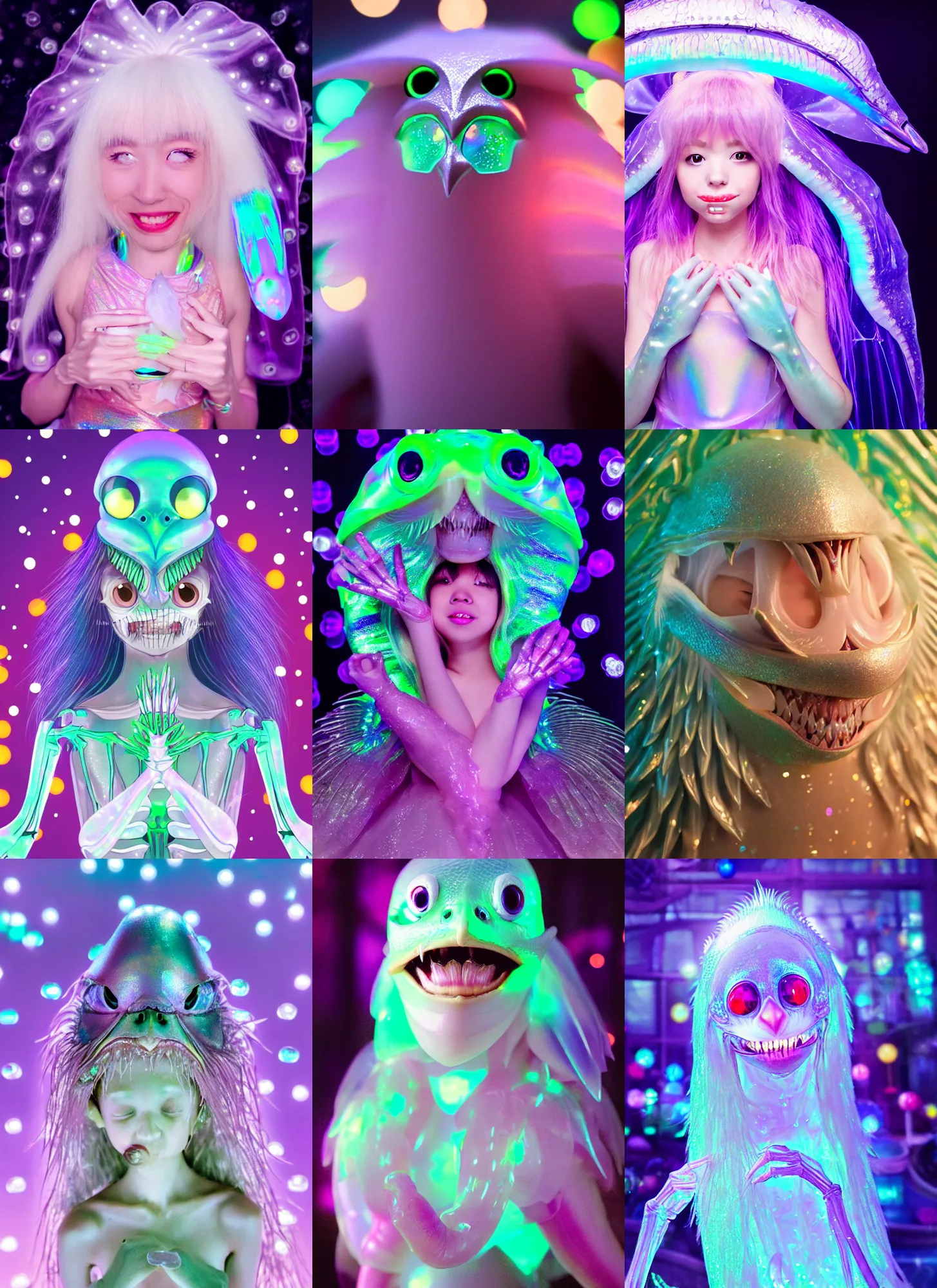 Prompt: kawaii portrait of a silly bashful scifi saliva skeksis princess, painfully adorable, soft iridescent membranes, gushy gills and baleen, translucent skin shows cute skeletal details in front of arcade bokeh lights, friendly, occult, gelatinous with wittle tiny teeth