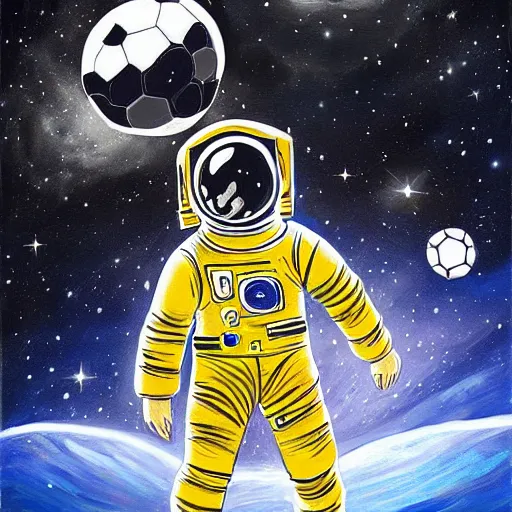 Prompt: a painting of an astronaut playing soccer in a cosmic scenic environment, soccer ball, beautiful, hyperdetailed, comic book style, trending on Artstation
