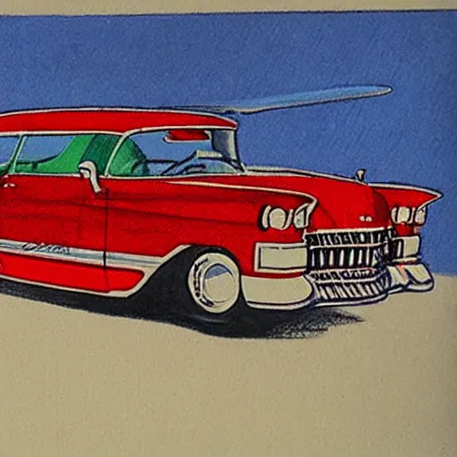 Image similar to a color pencil design sketch for a 5 0 s flying cadillac car with plane wings