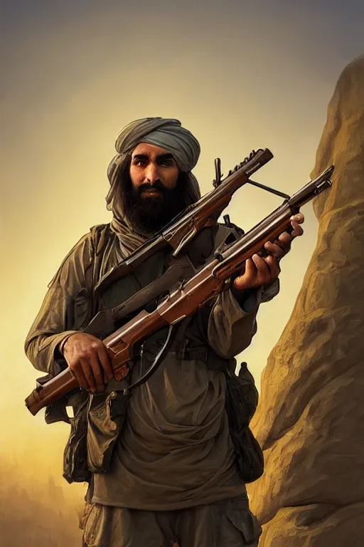 Image similar to male cottagecore taliban leader holding a kalashnikov rifle, urban warfare background, golden hour, intricate, elegant. highly detailed, digital painting, artstation, concept art, smooth, sharp, focus, illustration.. art by artgerm and greg rutkowski and alphonse mucha